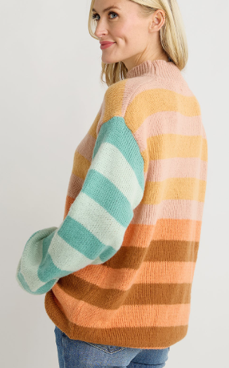 Striped Color Block Mock Neck Loose Fit Sweater