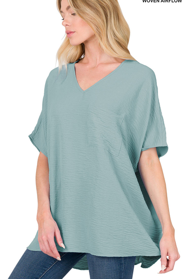 Woven Airflow V-Neck Dolman Short Sleeve Top