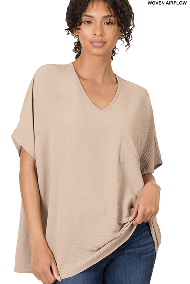 Woven Airflow V-Neck Dolman Short Sleeve Top