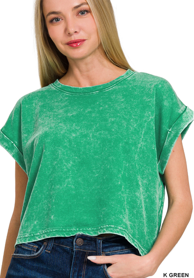Acid Wash French Terry Folded Sleeve Top