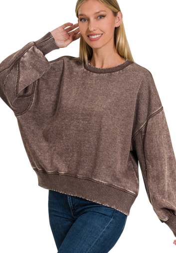 Zenana Acid Wash Ribbed Detail Sweatshirt