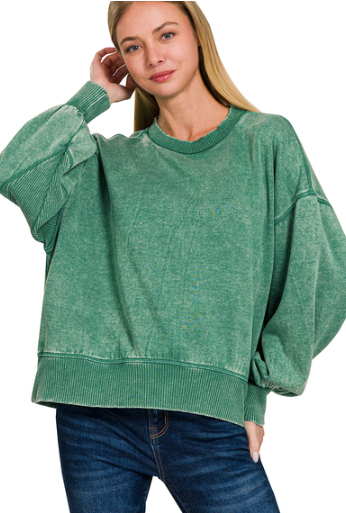 Zenana Acid Wash Ribbed Detail Sweatshirt