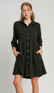 Button Down Collared Dress - Black