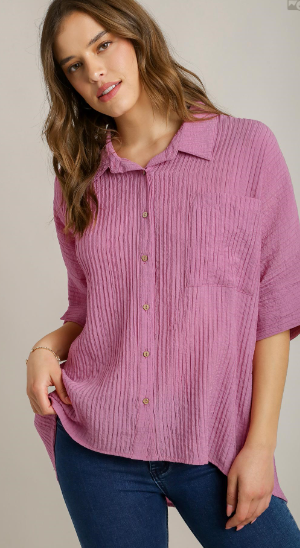 +Pleated Batwing Short Sleeve Button Up Top With High Low Hem