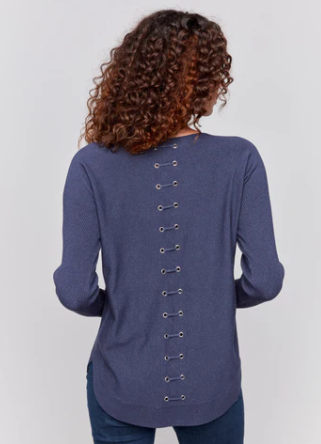 Knit Sweater with Back Detail Lace-Up - Denim