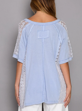 Sky Blue Crochet Detail Short Sleeve Top