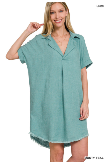 Linen frayed hem shirt dress