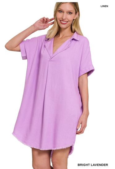 Linen frayed hem shirt dress