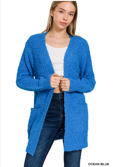 !Long sleeve popcorn sweater cardigan with pockets