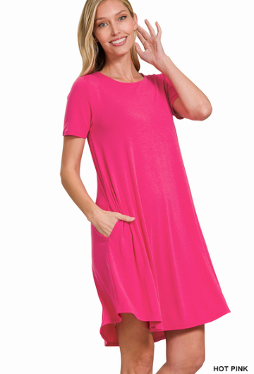 Short sleeve round hem a-line dress - side pockets