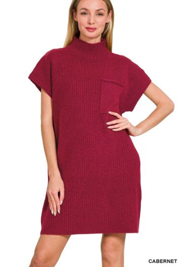 !Mock neck short sleeve sweater dress with pocket