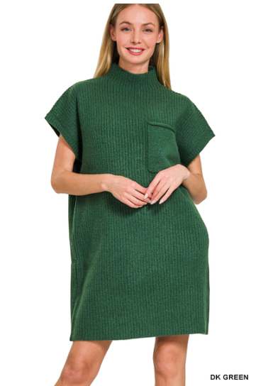 !Mock neck short sleeve sweater dress with pocket