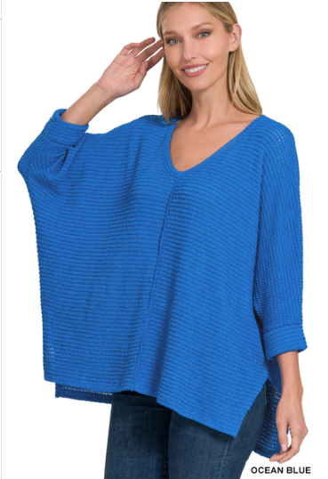 3/4 Sleeve V-Neck Hi-Low Hem Jacquard Sweater