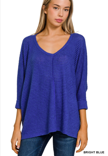 3/4 Sleeve V-Neck Hi-Low Hem Jacquard Sweater