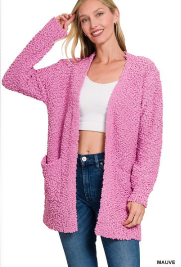 !Long sleeve popcorn sweater cardigan with pockets