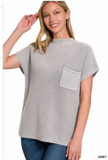 Washed Mock Neck Short Sleeve Sweater