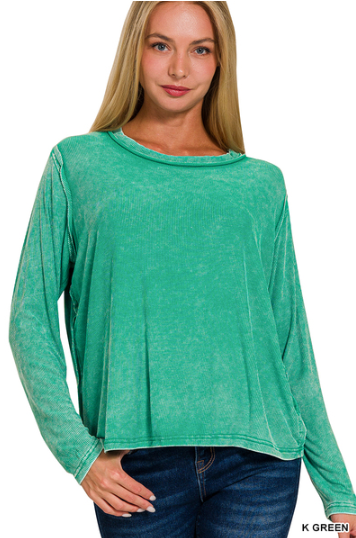 !Washed ribbed scoop neck long sleeve top