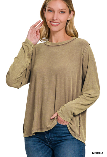 !Washed ribbed scoop neck long sleeve top