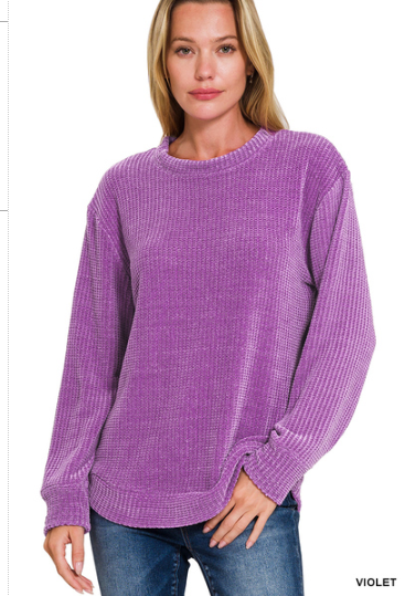 Chenille waffle round neck sweater