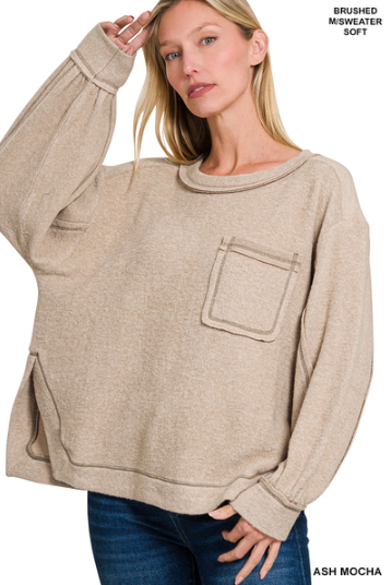 !Brushed hacci hi-low round neck sweater