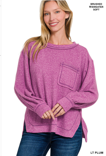 !Brushed hacci hi-low round neck sweater