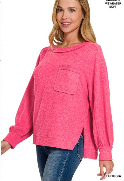 !Brushed hacci hi-low round neck sweater