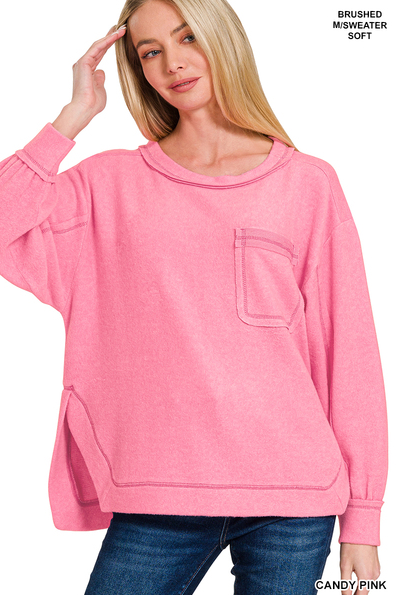 !Brushed hacci hi-low round neck sweater