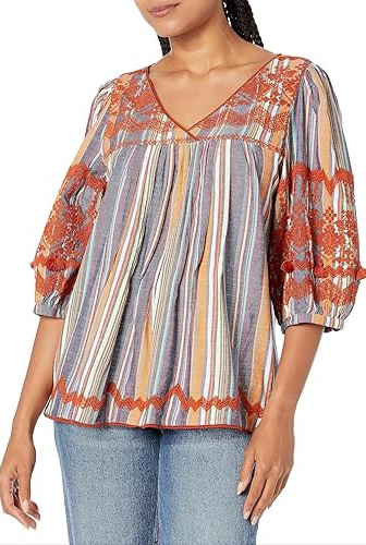 Tru Luxe Jeans Women's Embroidered V-Neck Top with Puff Sleeves