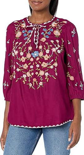 Tru Luxe Jeans Women's Tie Neck Top with Mulit Color Embroidery
