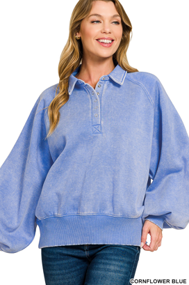 Acid wash fleece button up collared pullover - Multiple Colors