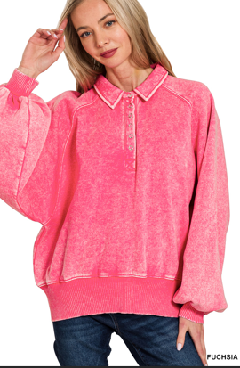 Acid wash fleece button up collared pullover - Multiple Colors