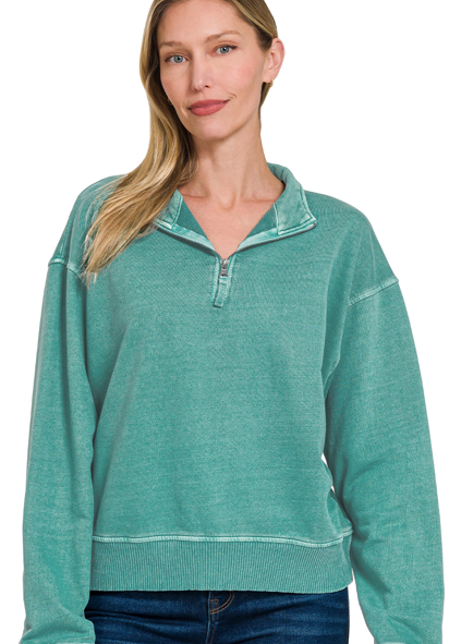 F/terry pigment dye & enzyme washed half zip pullover - Teal