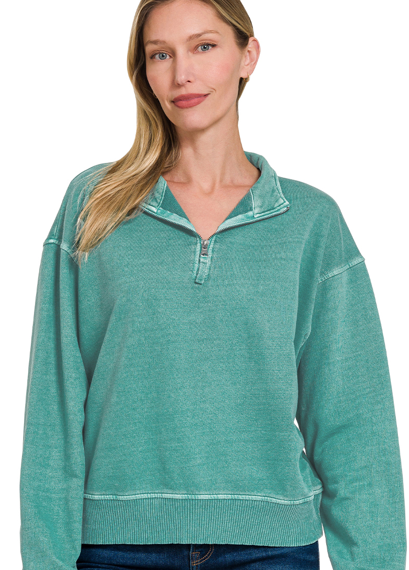 F/terry pigment dye & enzyme washed half zip pullover - Teal