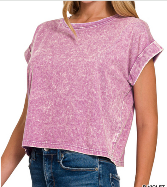 Washed cotton cuffed short sleeve top