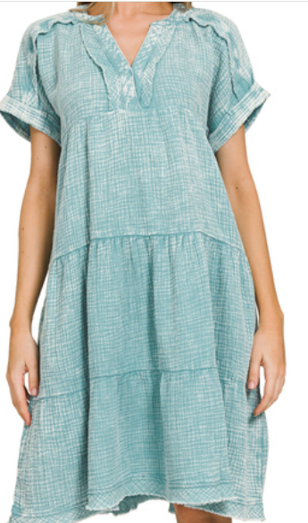 Washed double gauze raw edge v-neck dress