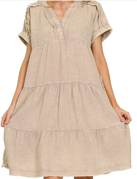 Washed double gauze raw edge v-neck dress