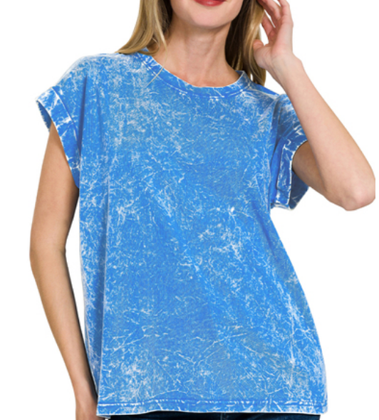Crinkle washed round neck folded short sleeve tee