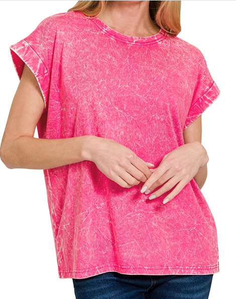 Crinkle washed round neck folded short sleeve tee