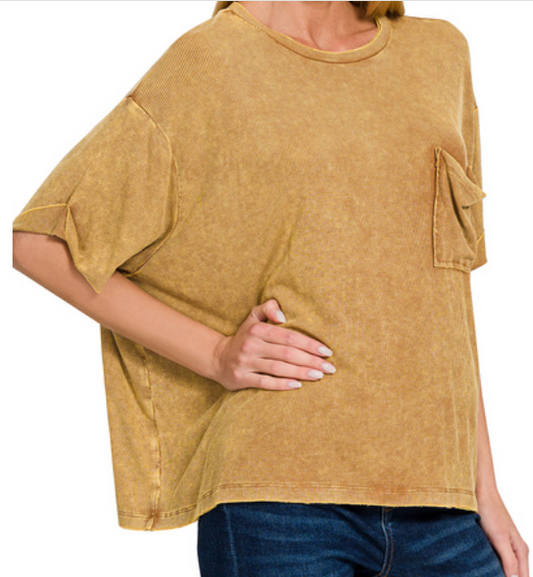 Washed ribbed cuffed short sleeve round neck top