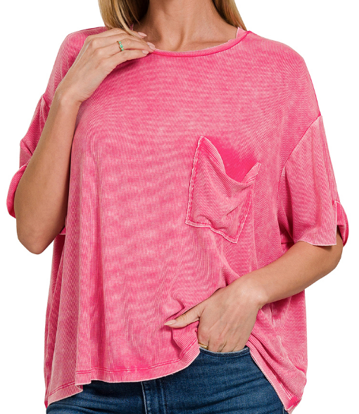 Washed ribbed cuffed short sleeve round neck top