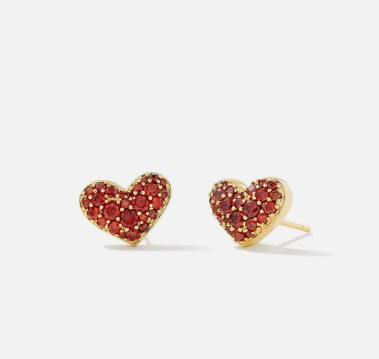 Kendra Scott Ari Pave Crystal Heart Gold Earring- Red Crystal