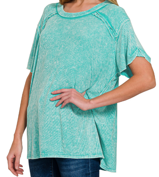 Washed ribbed short sleeve boat-neck top