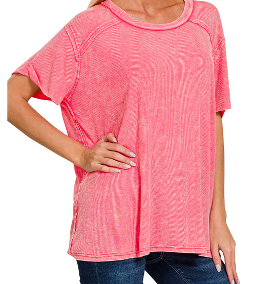 Washed ribbed short sleeve boat-neck top