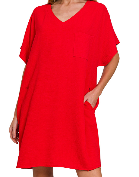 Woven airflow v neck t shirt dress with pockets