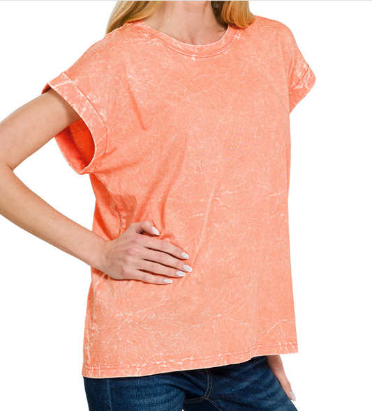 Crinkle washed round neck folded short sleeve tee