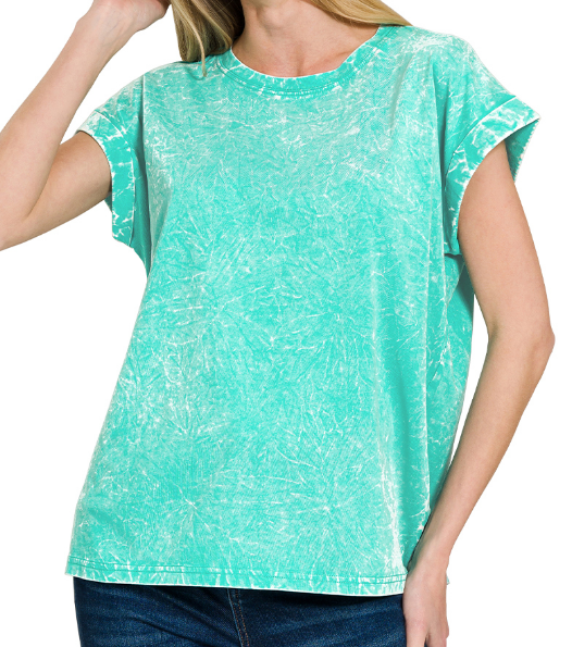 Crinkle washed round neck folded short sleeve tee