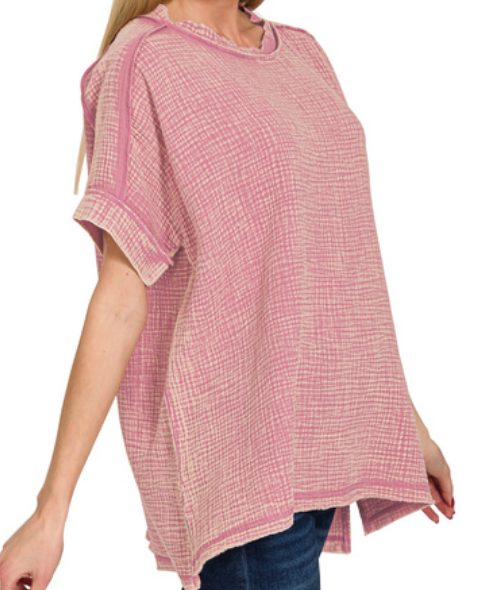Acid washed double gauze round-neck cuffed short sleeve tee