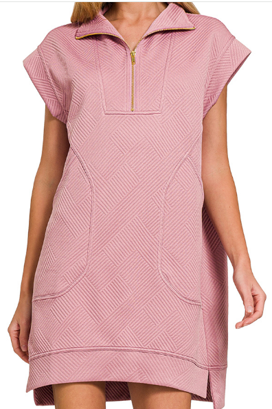 Textured knit jacquard quarter zipper mini dress