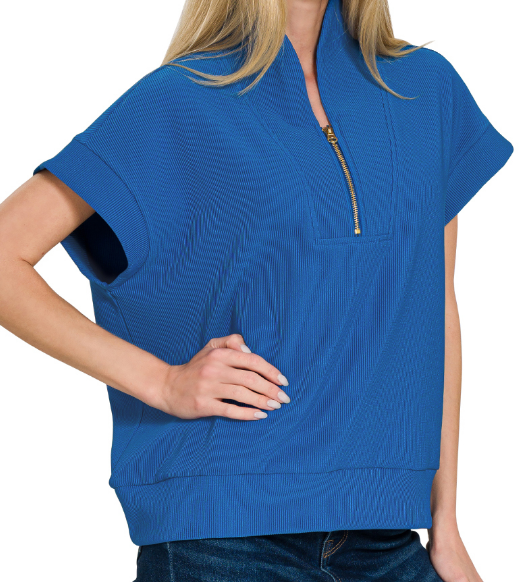 Ribbed high neck half zip top