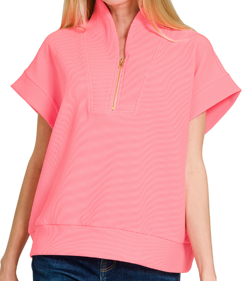 Ribbed high neck half zip top